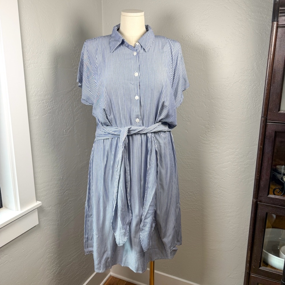 Lane Bryant Blue Striped Button Front Attached Front Belt Shirt Dress Size 16